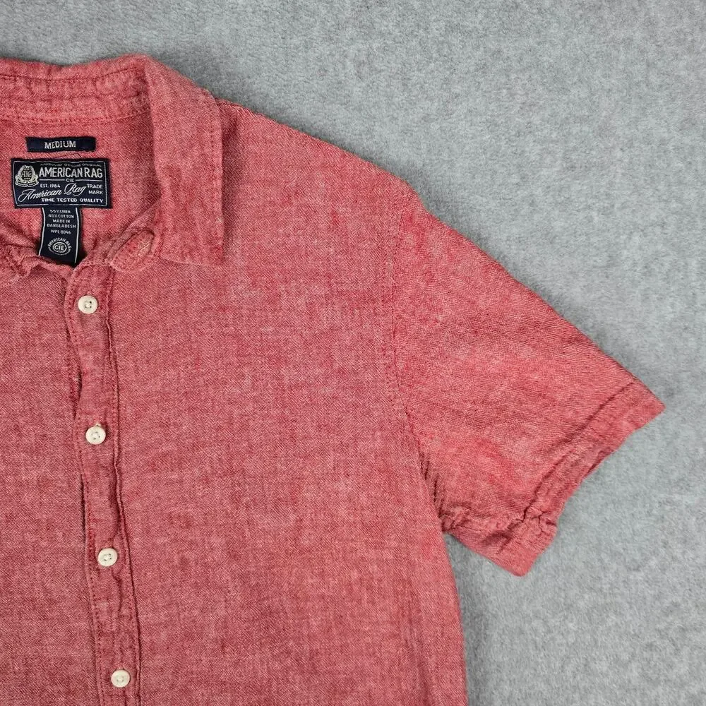 American Rag Cie Mens Medium Red Linen Blend Short Sleeve Button Down Shirt - Picture 5 of 12